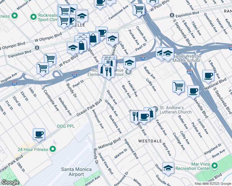 map of restaurants, bars, coffee shops, grocery stores, and more near 2671 South Barrington Avenue in Los Angeles
