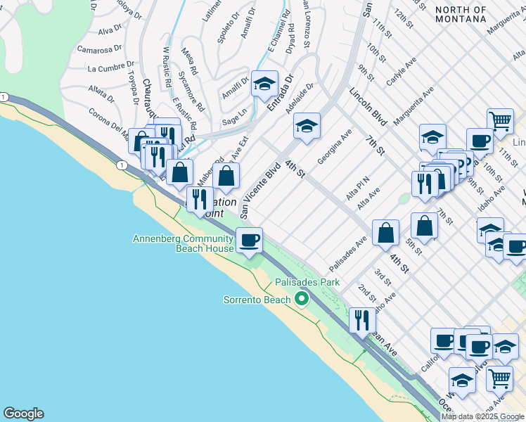 map of restaurants, bars, coffee shops, grocery stores, and more near 121 Georgina Avenue in Santa Monica