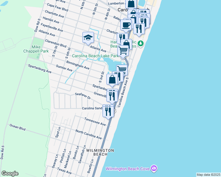 map of restaurants, bars, coffee shops, grocery stores, and more near 105 Spartanburg Avenue in Carolina Beach