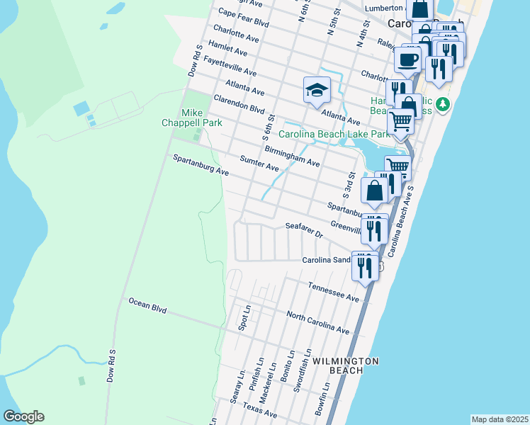 map of restaurants, bars, coffee shops, grocery stores, and more near 802 Seafarer Drive in Carolina Beach