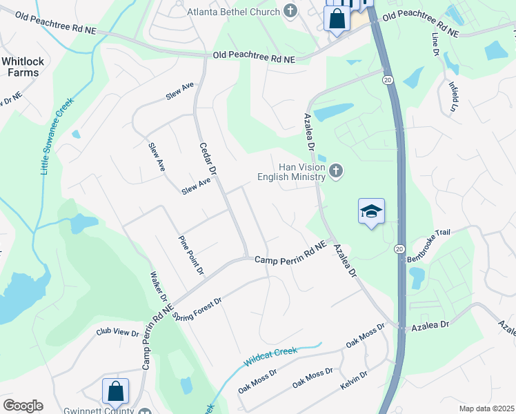 map of restaurants, bars, coffee shops, grocery stores, and more near 2182 Perrin Drive in Lawrenceville