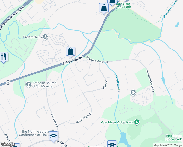 map of restaurants, bars, coffee shops, grocery stores, and more near 1223 Idlewild Court in Suwanee