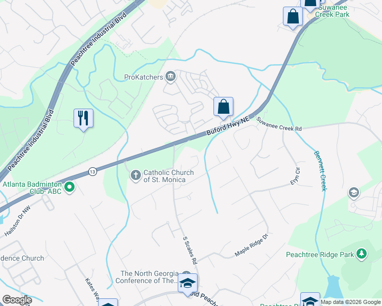 map of restaurants, bars, coffee shops, grocery stores, and more near 1484 Highland Bluff Court in Suwanee