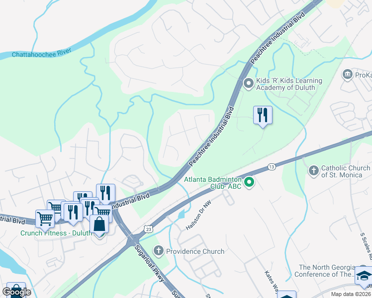 map of restaurants, bars, coffee shops, grocery stores, and more near 3720 Peachbluff Court in Duluth