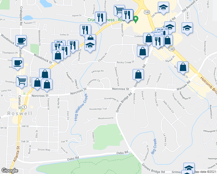 map of restaurants, bars, coffee shops, grocery stores, and more near 429 Afton Drive in Roswell