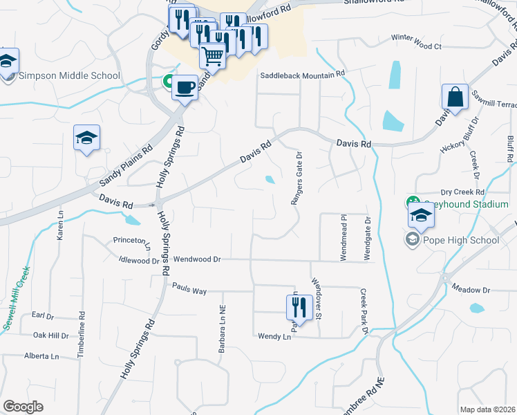 map of restaurants, bars, coffee shops, grocery stores, and more near 3237 Notty Pine Trail in Marietta