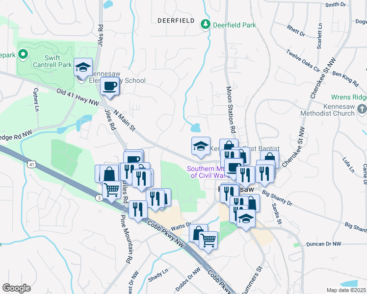 map of restaurants, bars, coffee shops, grocery stores, and more near 2982 North Main Street in Kennesaw