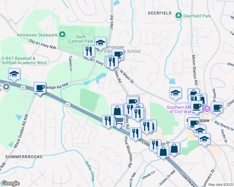 map of restaurants, bars, coffee shops, grocery stores, and more near 2716 Saint Charles Lane Northwest in Kennesaw