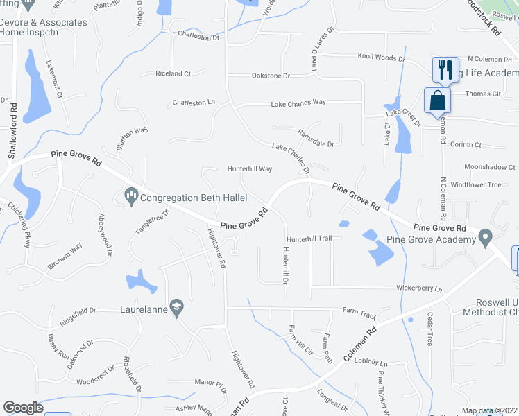 map of restaurants, bars, coffee shops, grocery stores, and more near 1000 Hunterhill Drive in Roswell