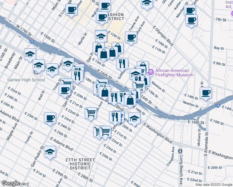map of restaurants, bars, coffee shops, grocery stores, and more near 1010 East 18th Street in Los Angeles