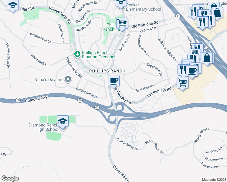 map of restaurants, bars, coffee shops, grocery stores, and more near 1 Turnberry Lane in Pomona