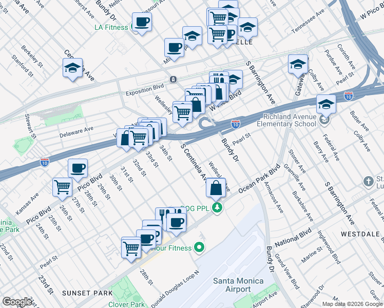map of restaurants, bars, coffee shops, grocery stores, and more near 2470 South Centinela Avenue in Los Angeles