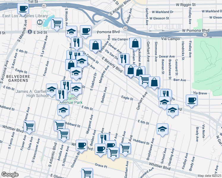 map of restaurants, bars, coffee shops, grocery stores, and more near 459 Eastmont Avenue in East Los Angeles