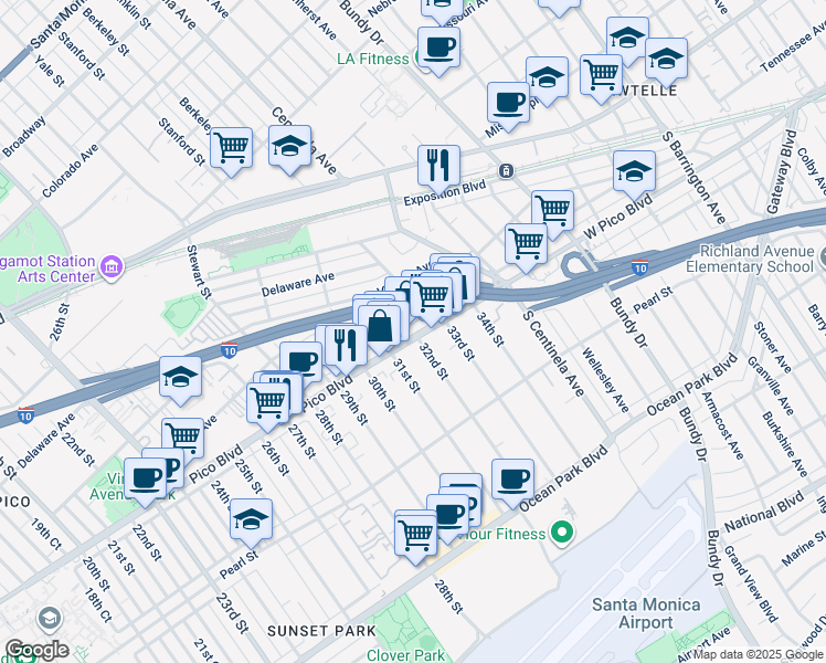 map of restaurants, bars, coffee shops, grocery stores, and more near 3130 Pico Boulevard in Santa Monica