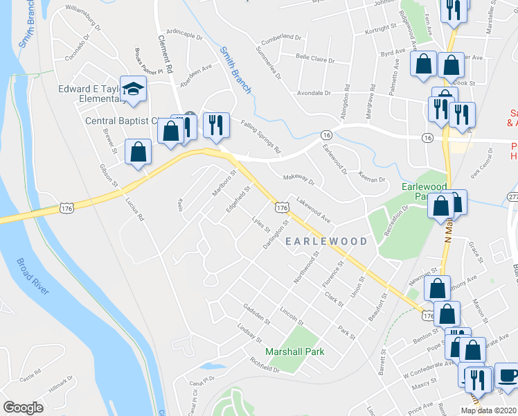 map of restaurants, bars, coffee shops, grocery stores, and more near 1111 Lancaster Street in Columbia