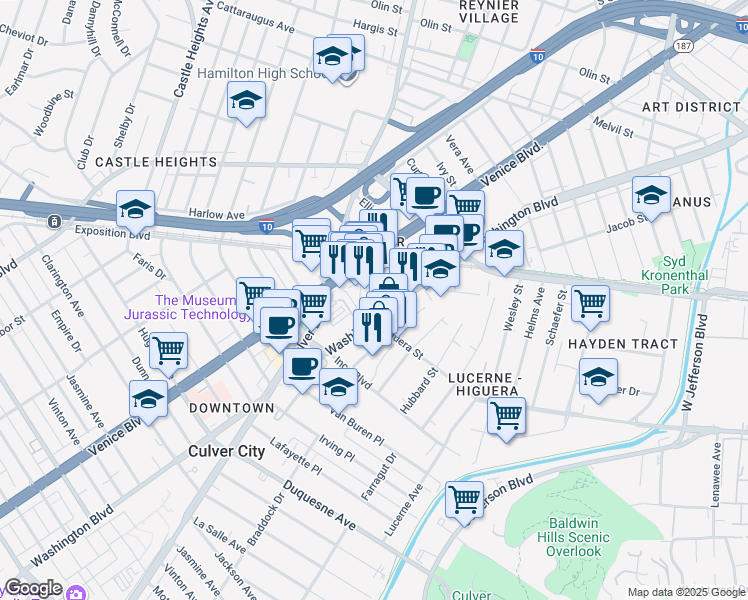 map of restaurants, bars, coffee shops, grocery stores, and more near 3751 South Robertson Boulevard in Culver City