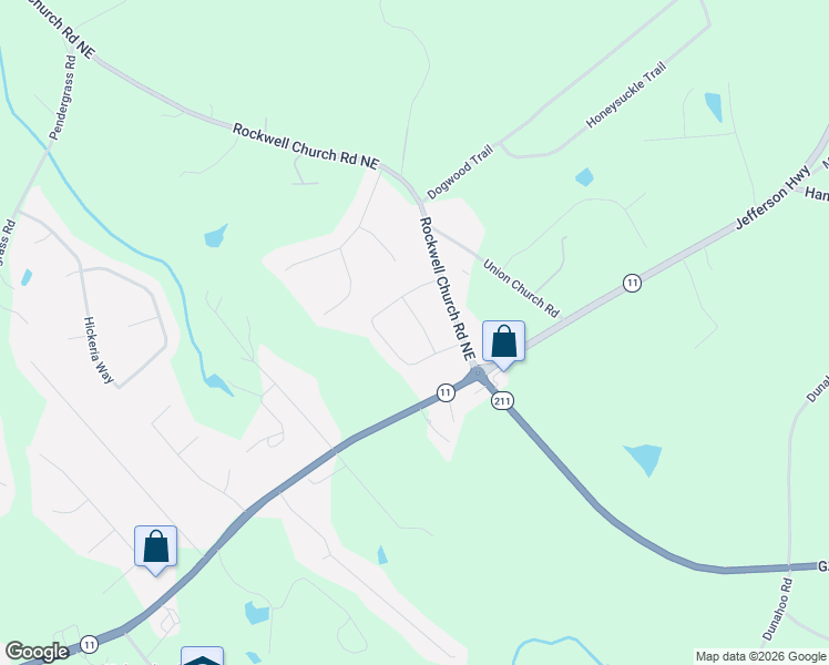 map of restaurants, bars, coffee shops, grocery stores, and more near 542 Hilldale Circle in Winder