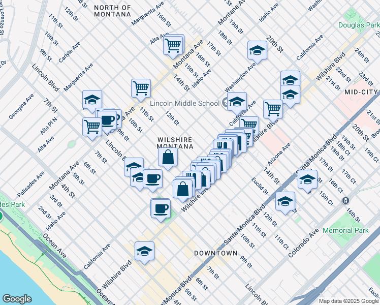 map of restaurants, bars, coffee shops, grocery stores, and more near 1043 11th Street in Santa Monica