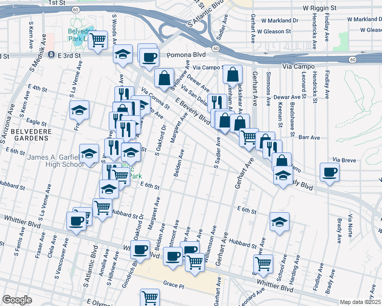 map of restaurants, bars, coffee shops, grocery stores, and more near 459 Eastmont Avenue in East Los Angeles