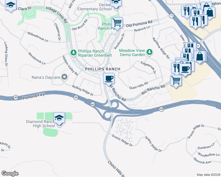 map of restaurants, bars, coffee shops, grocery stores, and more near 9 Turnberry Lane in Pomona