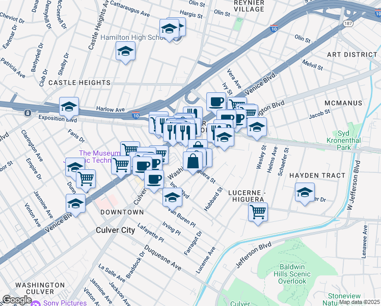 map of restaurants, bars, coffee shops, grocery stores, and more near 3824 Willat Avenue in Culver City