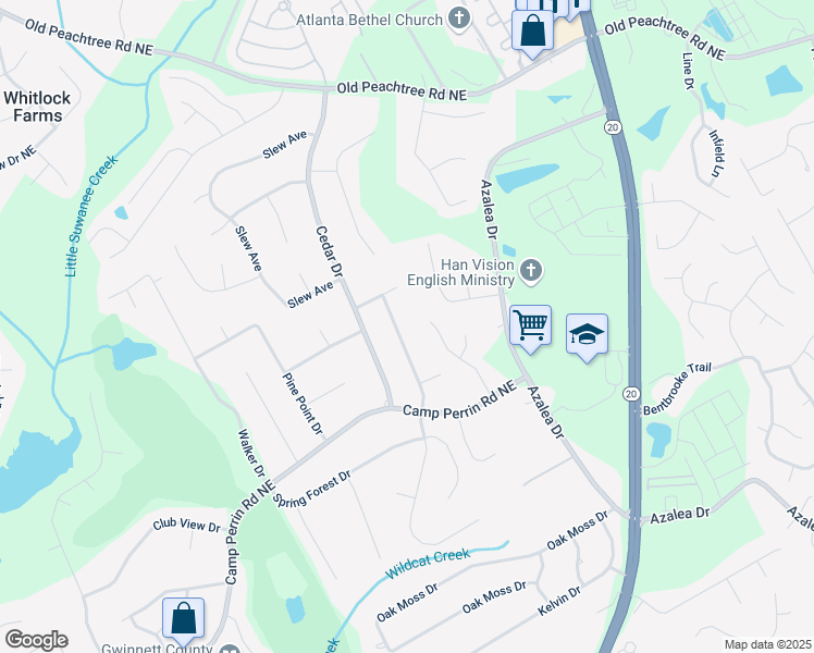 map of restaurants, bars, coffee shops, grocery stores, and more near 2182 Perrin Drive in Lawrenceville