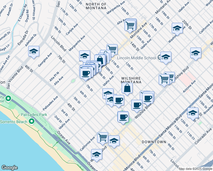 map of restaurants, bars, coffee shops, grocery stores, and more near 917 Lincoln Boulevard in Santa Monica