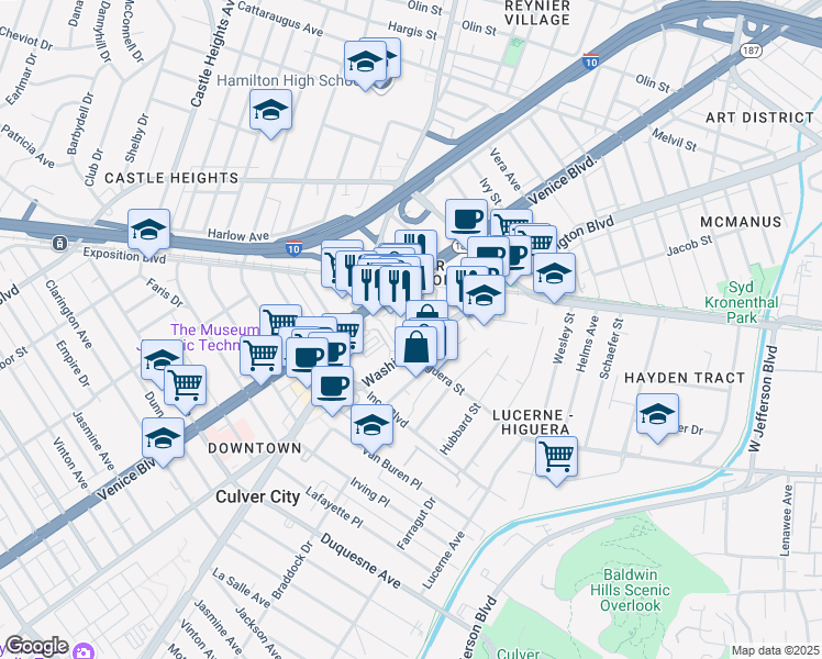 map of restaurants, bars, coffee shops, grocery stores, and more near 3751 South Robertson Boulevard in Culver City