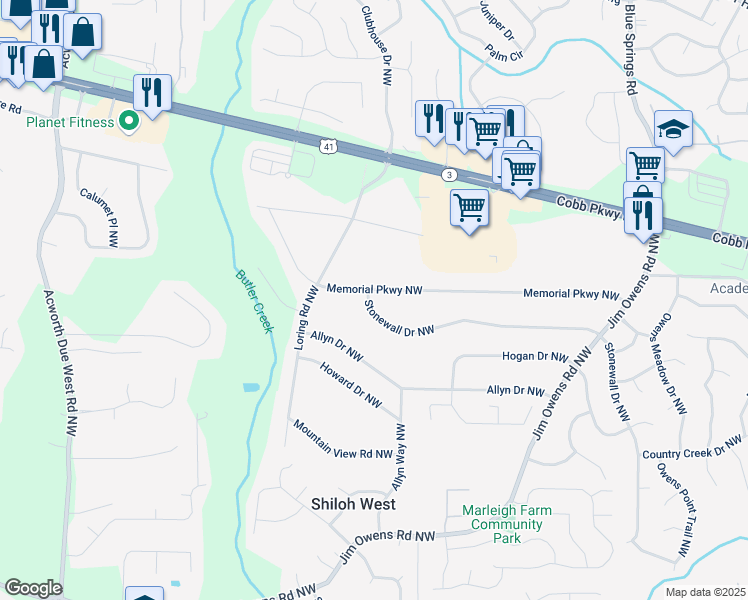 map of restaurants, bars, coffee shops, grocery stores, and more near 3812 Stonewall Drive Northwest in Kennesaw