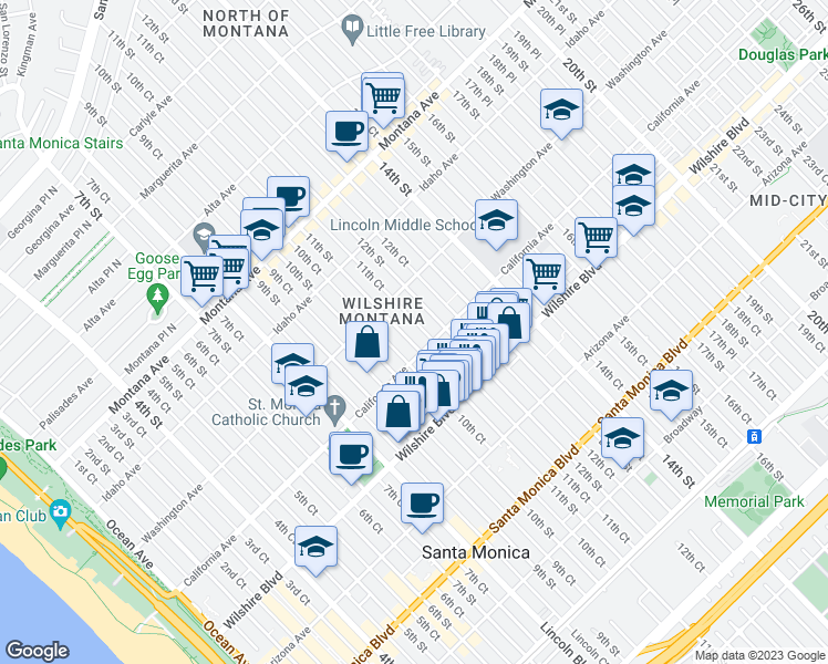 map of restaurants, bars, coffee shops, grocery stores, and more near 1043 11th Street in Santa Monica