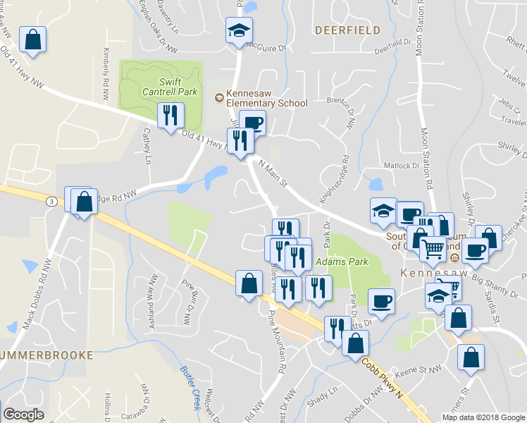 map of restaurants, bars, coffee shops, grocery stores, and more near 1009 Kennesborough Road Northwest in Kennesaw