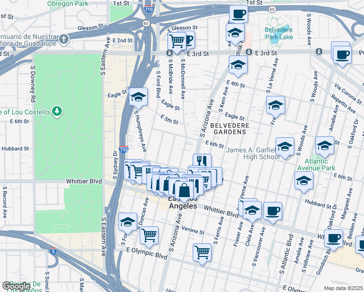 map of restaurants, bars, coffee shops, grocery stores, and more near 627 South McDonnell Avenue in East Los Angeles