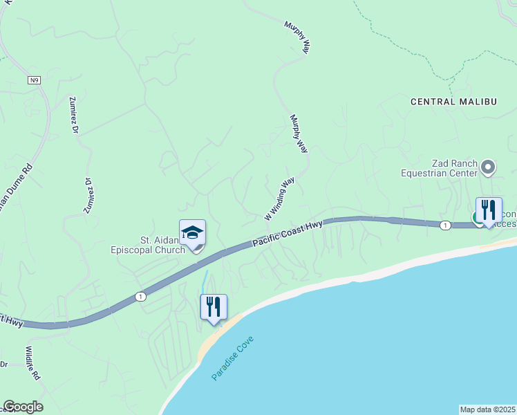 map of restaurants, bars, coffee shops, grocery stores, and more near 6420 Delaplane Road in Malibu