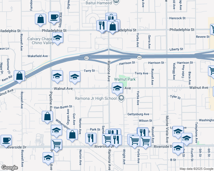 map of restaurants, bars, coffee shops, grocery stores, and more near in Chino