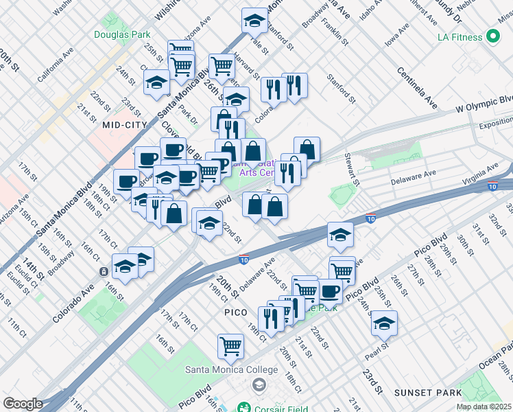 map of restaurants, bars, coffee shops, grocery stores, and more near 1728 Cloverfield Boulevard in Santa Monica