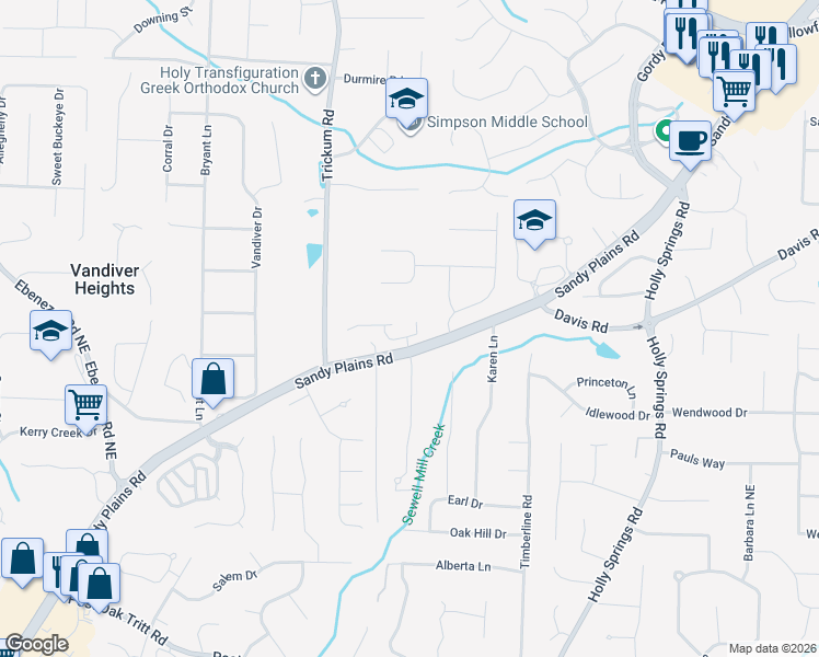 map of restaurants, bars, coffee shops, grocery stores, and more near 2525 Camata Way in Marietta