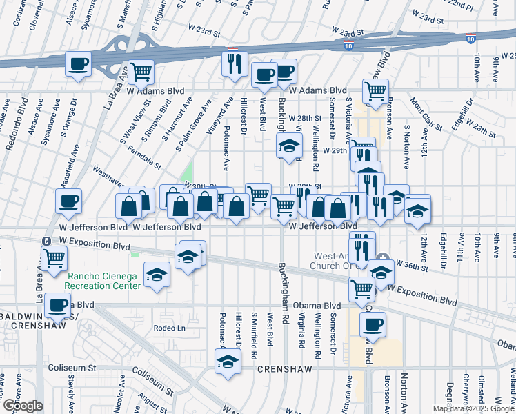 map of restaurants, bars, coffee shops, grocery stores, and more near 3035 West Boulevard in Los Angeles