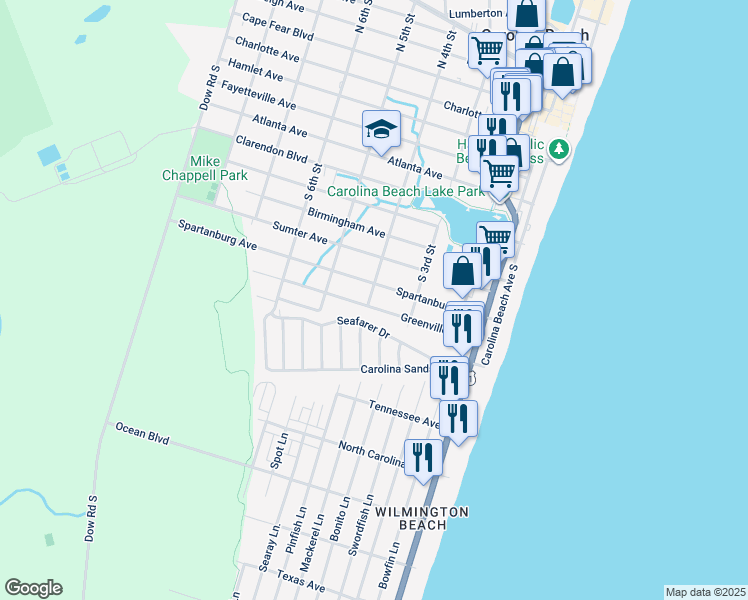 map of restaurants, bars, coffee shops, grocery stores, and more near 907 South 4th Street in Carolina Beach
