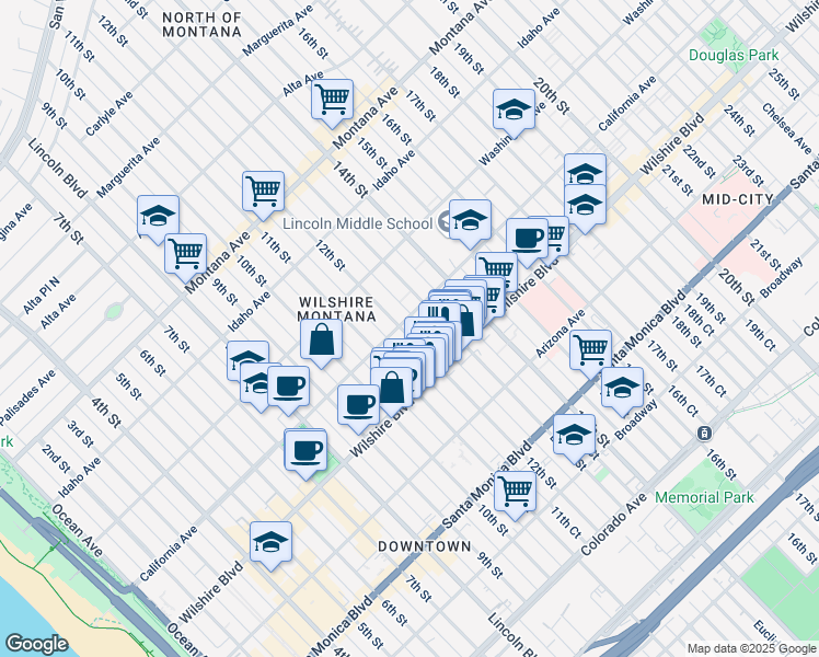 map of restaurants, bars, coffee shops, grocery stores, and more near 1122 California Avenue in Santa Monica
