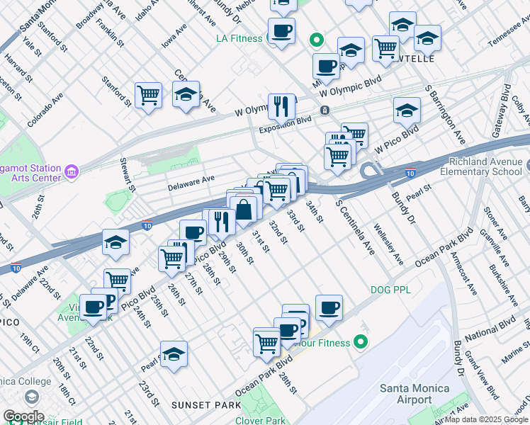 map of restaurants, bars, coffee shops, grocery stores, and more near 3130 Pico Boulevard in Santa Monica