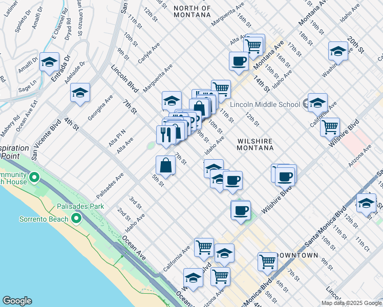 map of restaurants, bars, coffee shops, grocery stores, and more near in Santa Monica