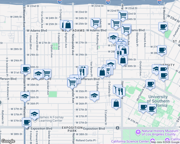 map of restaurants, bars, coffee shops, grocery stores, and more near 3025 Van Buren Place in Los Angeles