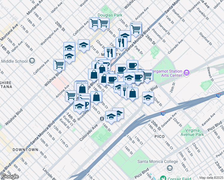 map of restaurants, bars, coffee shops, grocery stores, and more near 1524 19th Street in Santa Monica