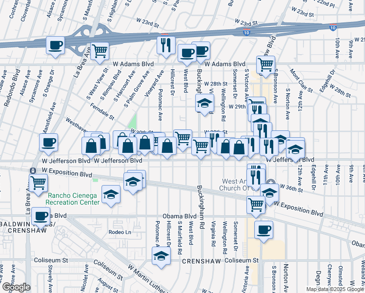 map of restaurants, bars, coffee shops, grocery stores, and more near 3035 West Boulevard in Los Angeles