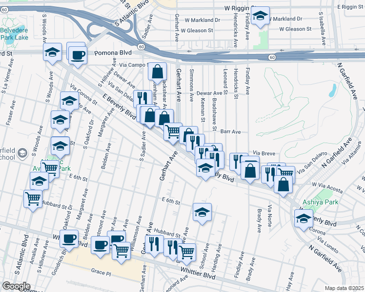 map of restaurants, bars, coffee shops, grocery stores, and more near 5805 East Beverly Boulevard in East Los Angeles