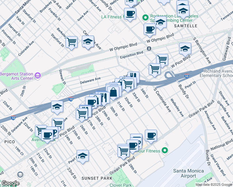 map of restaurants, bars, coffee shops, grocery stores, and more near 3019 Pico Boulevard in Santa Monica