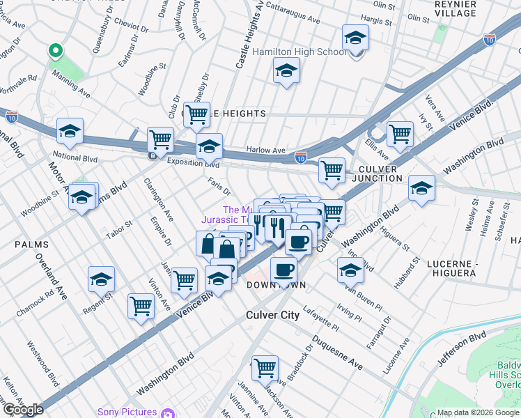 map of restaurants, bars, coffee shops, grocery stores, and more near 3717 Cardiff Avenue in Los Angeles