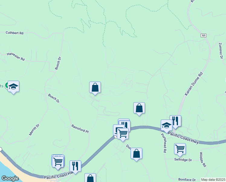 map of restaurants, bars, coffee shops, grocery stores, and more near 5924 Bonsall Drive in Malibu