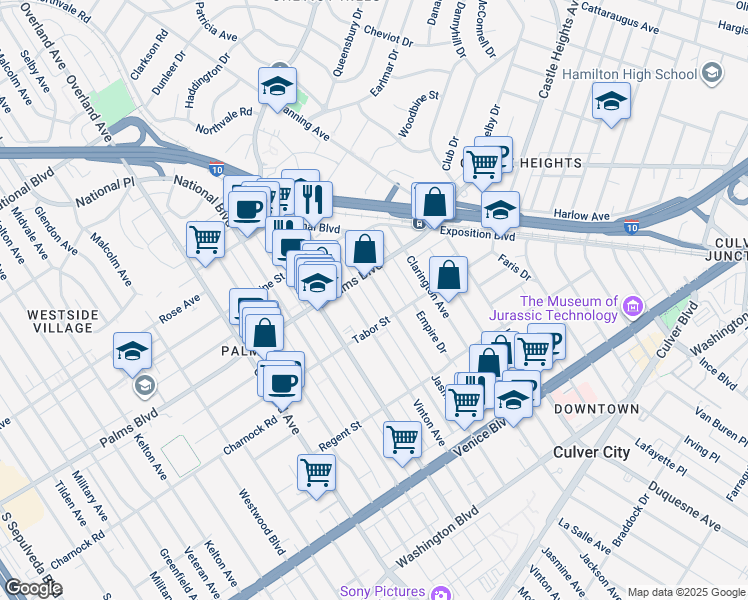 map of restaurants, bars, coffee shops, grocery stores, and more near 3541 Jasmine Avenue in Los Angeles