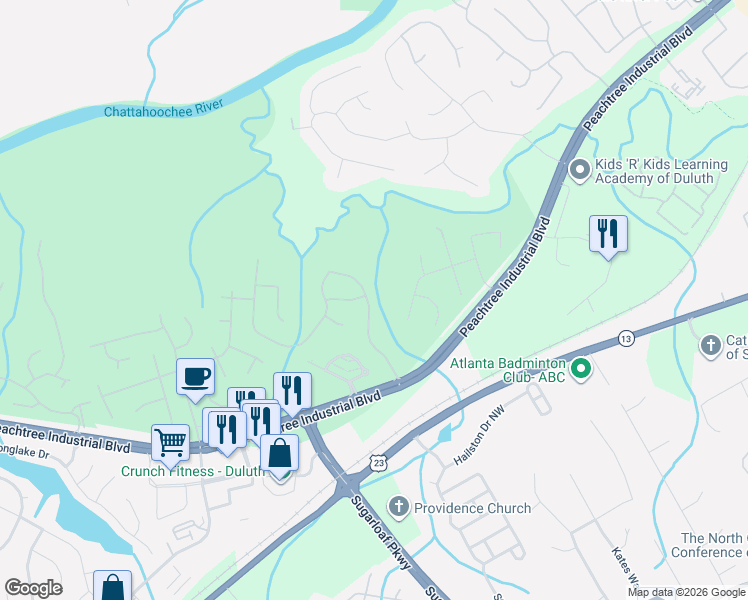 map of restaurants, bars, coffee shops, grocery stores, and more near 2055 Peachbluff Drive in Duluth